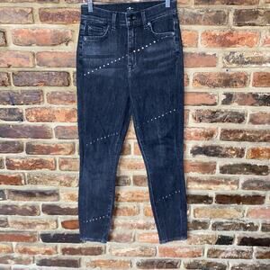 7 For All Mankind Black Wash Denim High Waist Ankle Super Skinny Stud Jeans 24